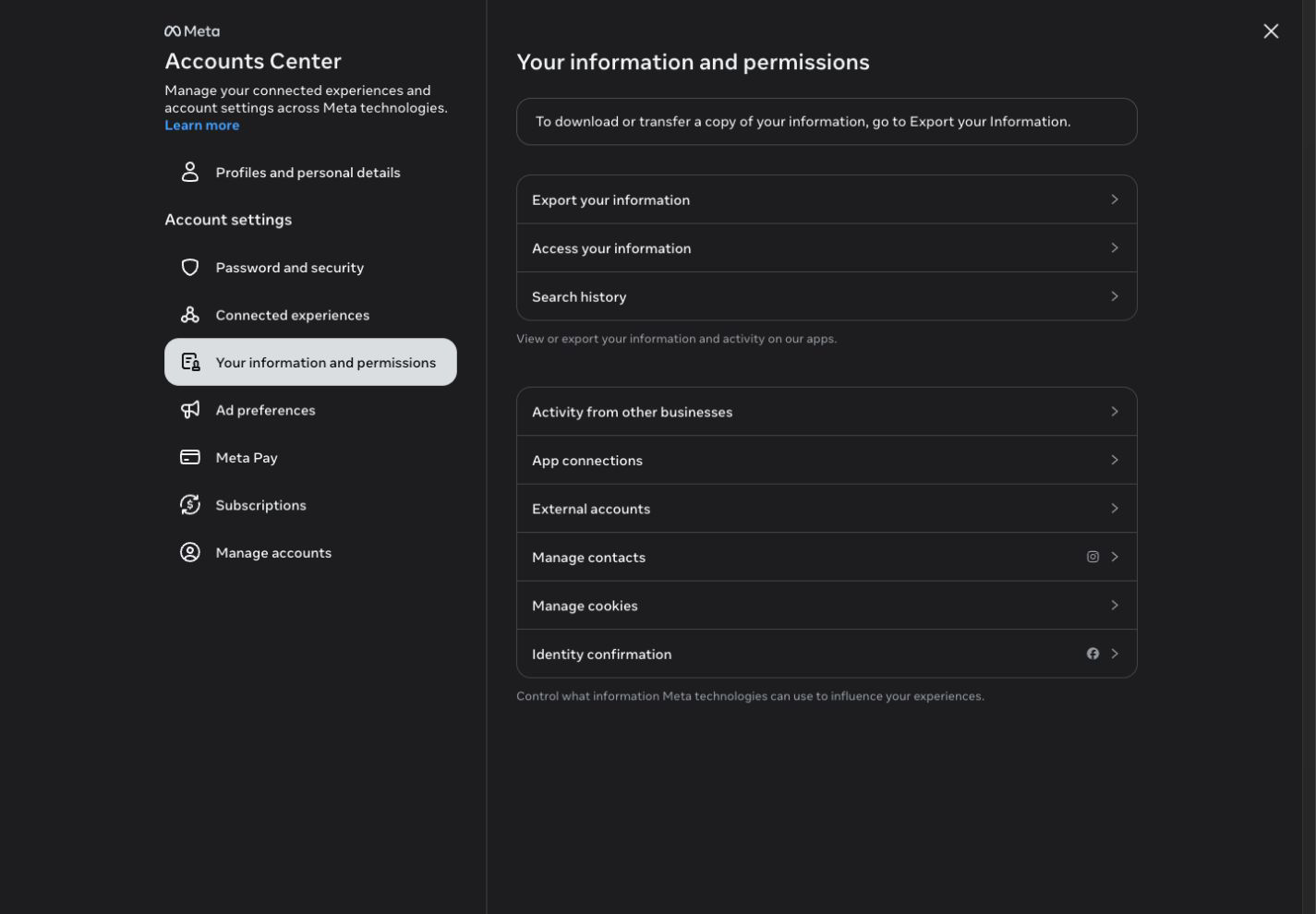 Facebook Accounts Center: Your information and permissions