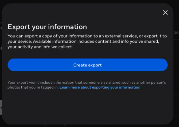 Facebook Export your information panel