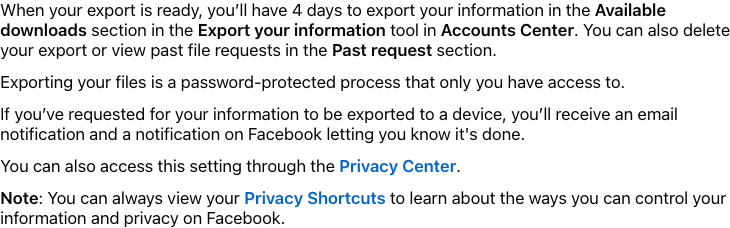 Facebook Help Center availability and four-day protected download window