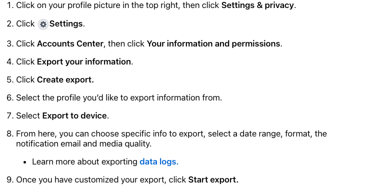 Facebook Help Center device export steps from Create export through Start export