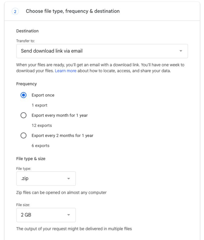 Google Takeout export destination, frequency, and file options