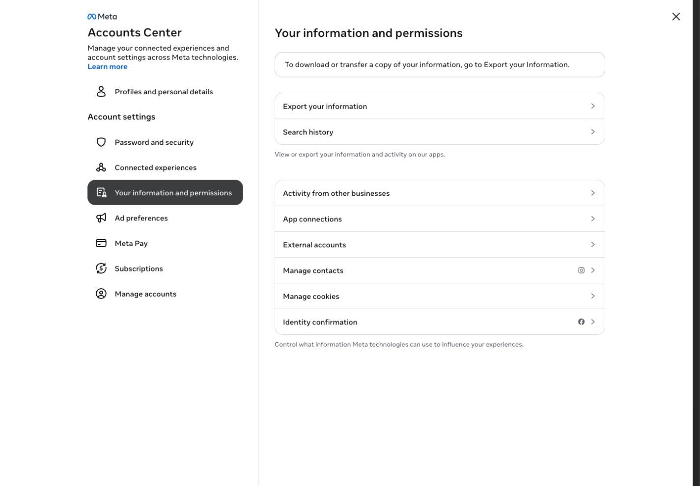 Instagram Accounts Center: Your information and permissions