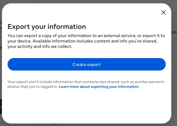 Instagram Accounts Center Export your information panel
