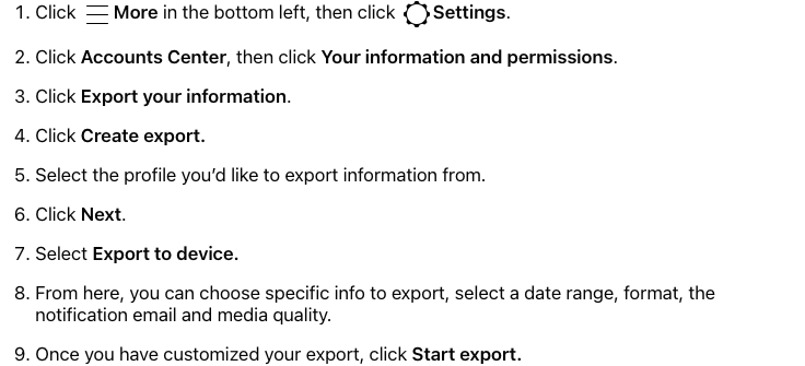 Instagram Help Center device export steps from Create export through Start export