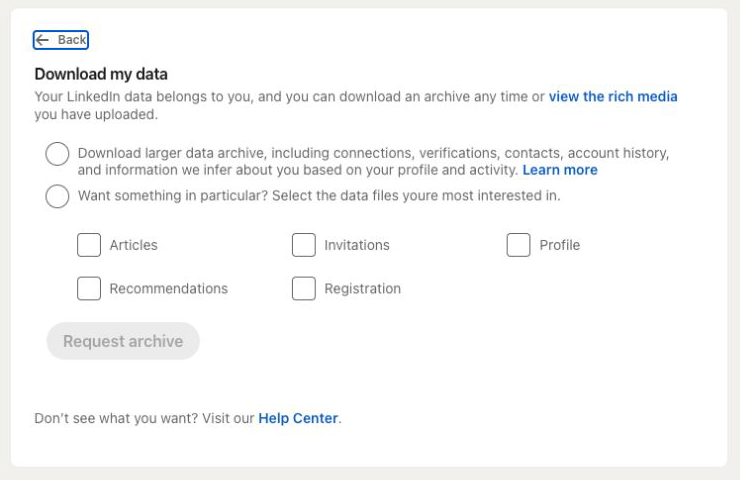 LinkedIn Download my data options