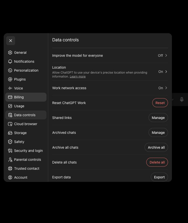 ChatGPT Data controls with Export data
