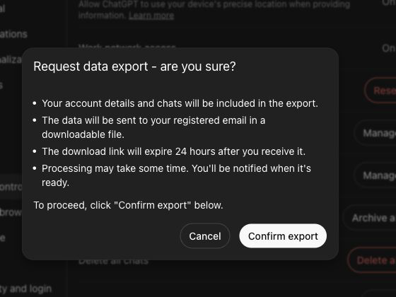 ChatGPT data export confirmation with email delivery and link expiration details