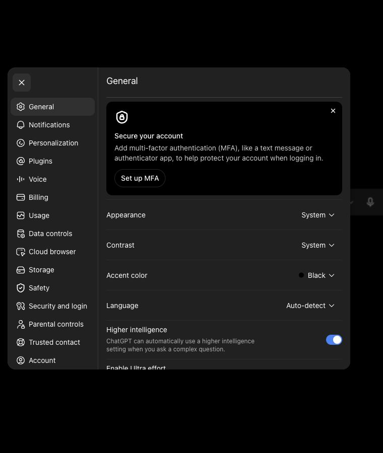 ChatGPT Settings with Data controls in the navigation