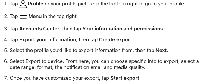 Instagram Help Center steps for exporting Threads information to a device
