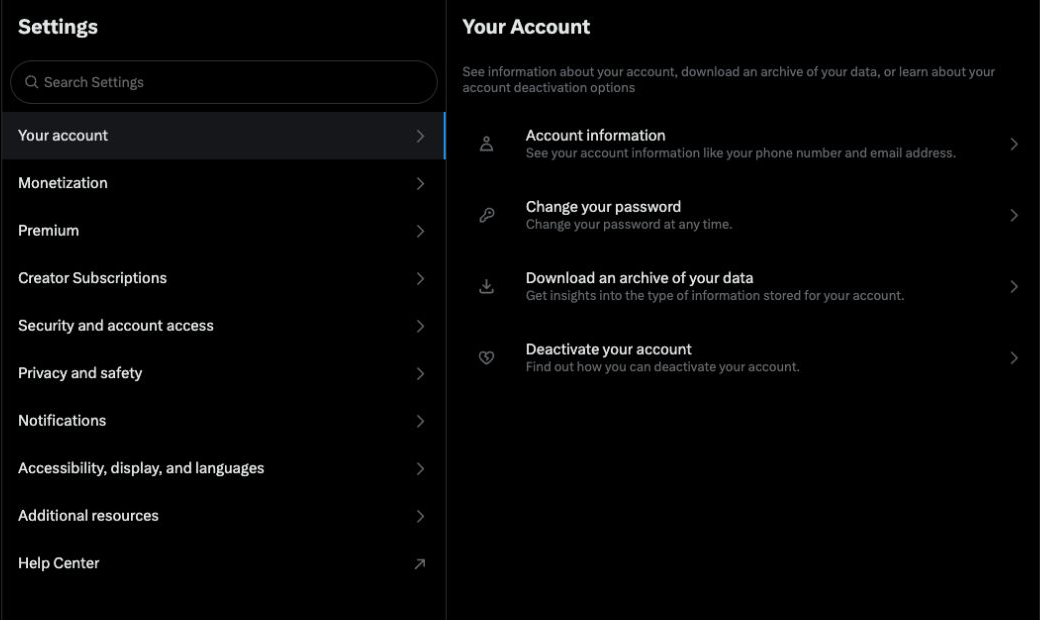 X Your Account settings with Download an archive of your data