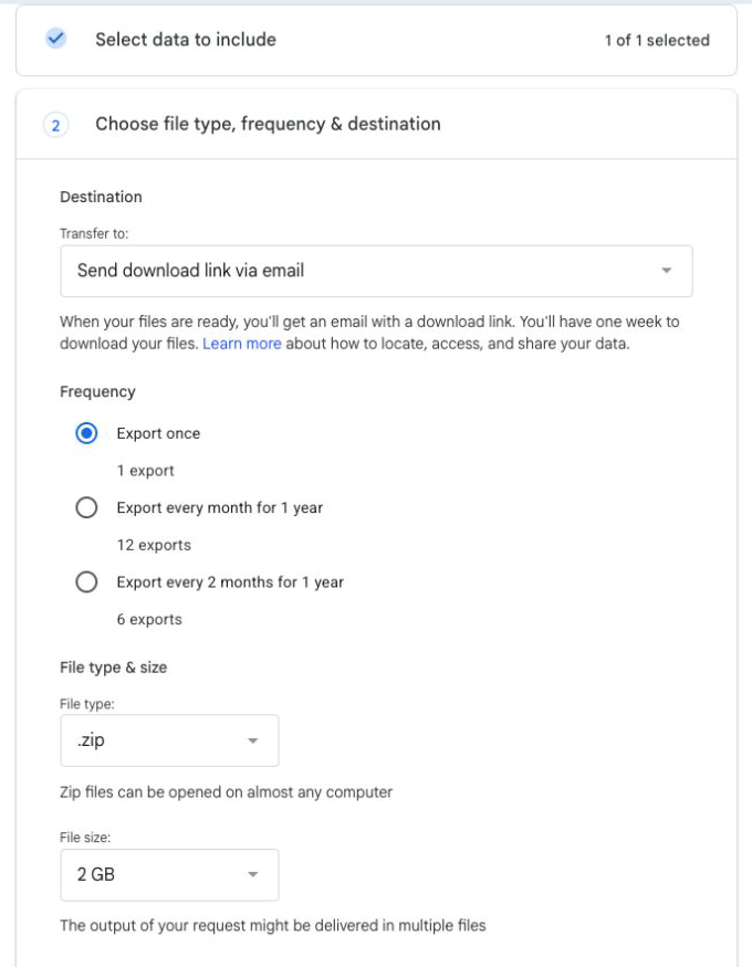 Google Takeout YouTube export destination, frequency, and file options