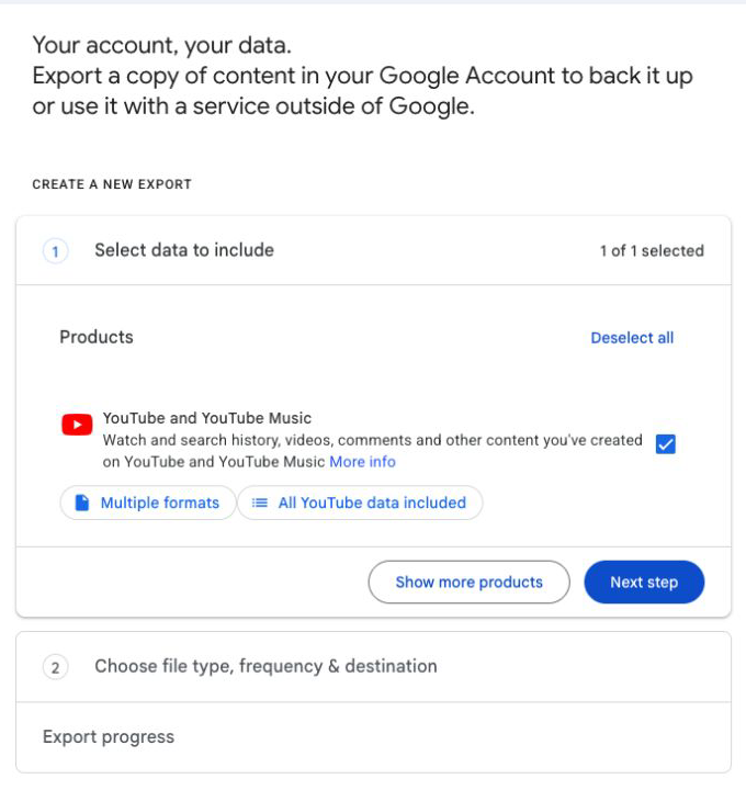 Google Takeout YouTube and YouTube Music selection